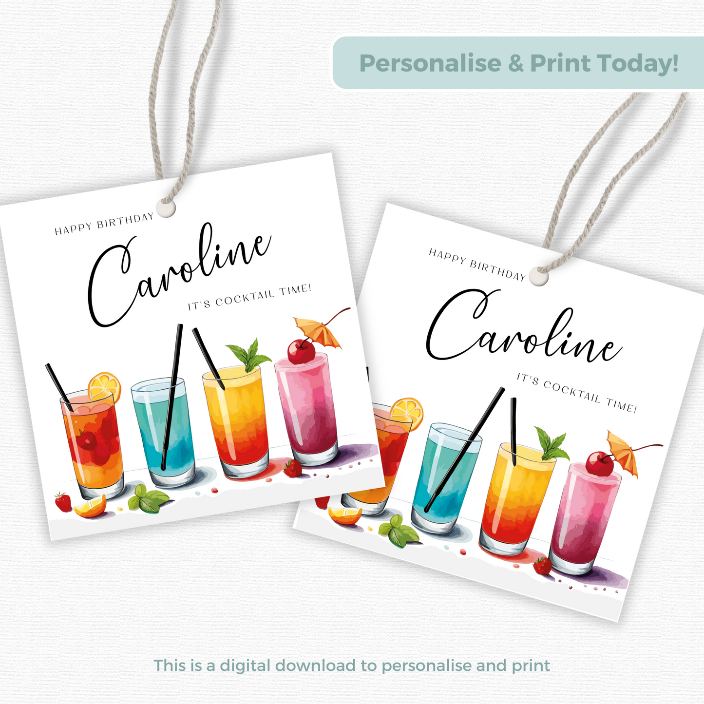 Editable Cocktail Party Birthday Gift Tag