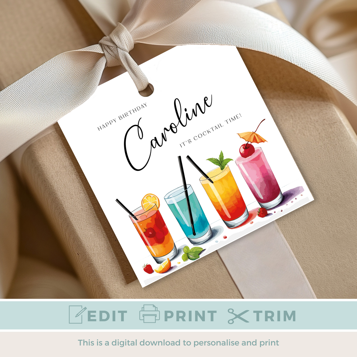 Editable Cocktail Party Birthday Gift Tag