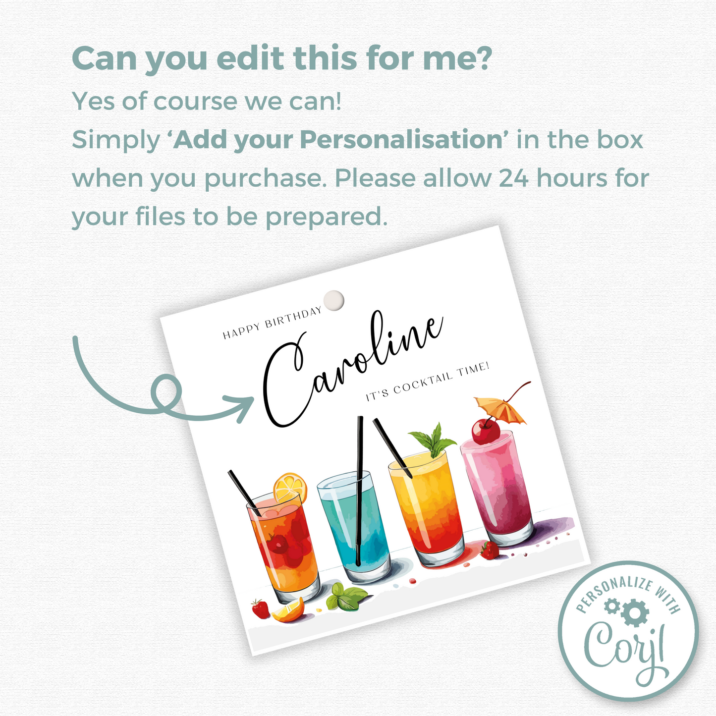 Editable Cocktail Party Birthday Gift Tag