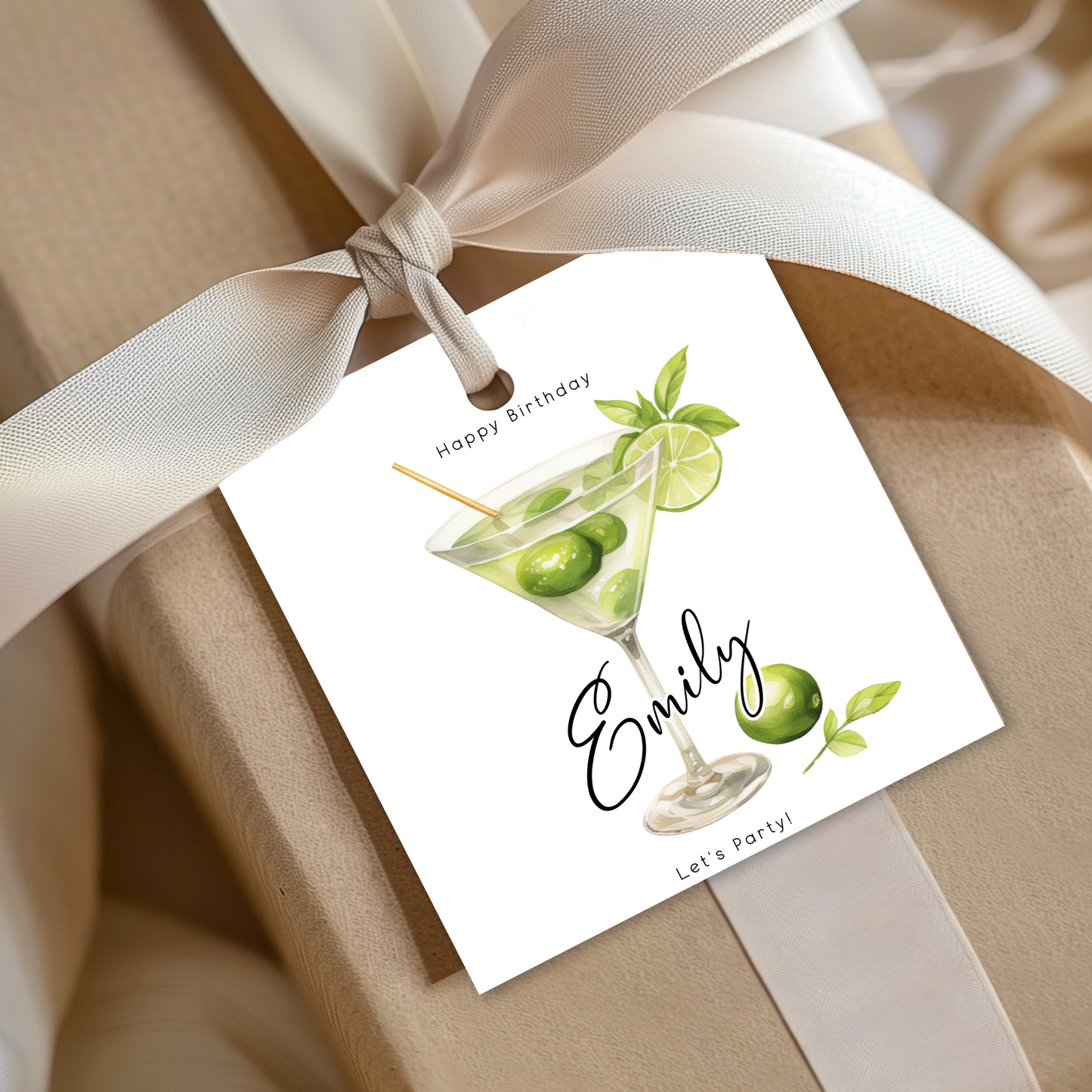 Editable Cocktail Party Birthday Gift Tag