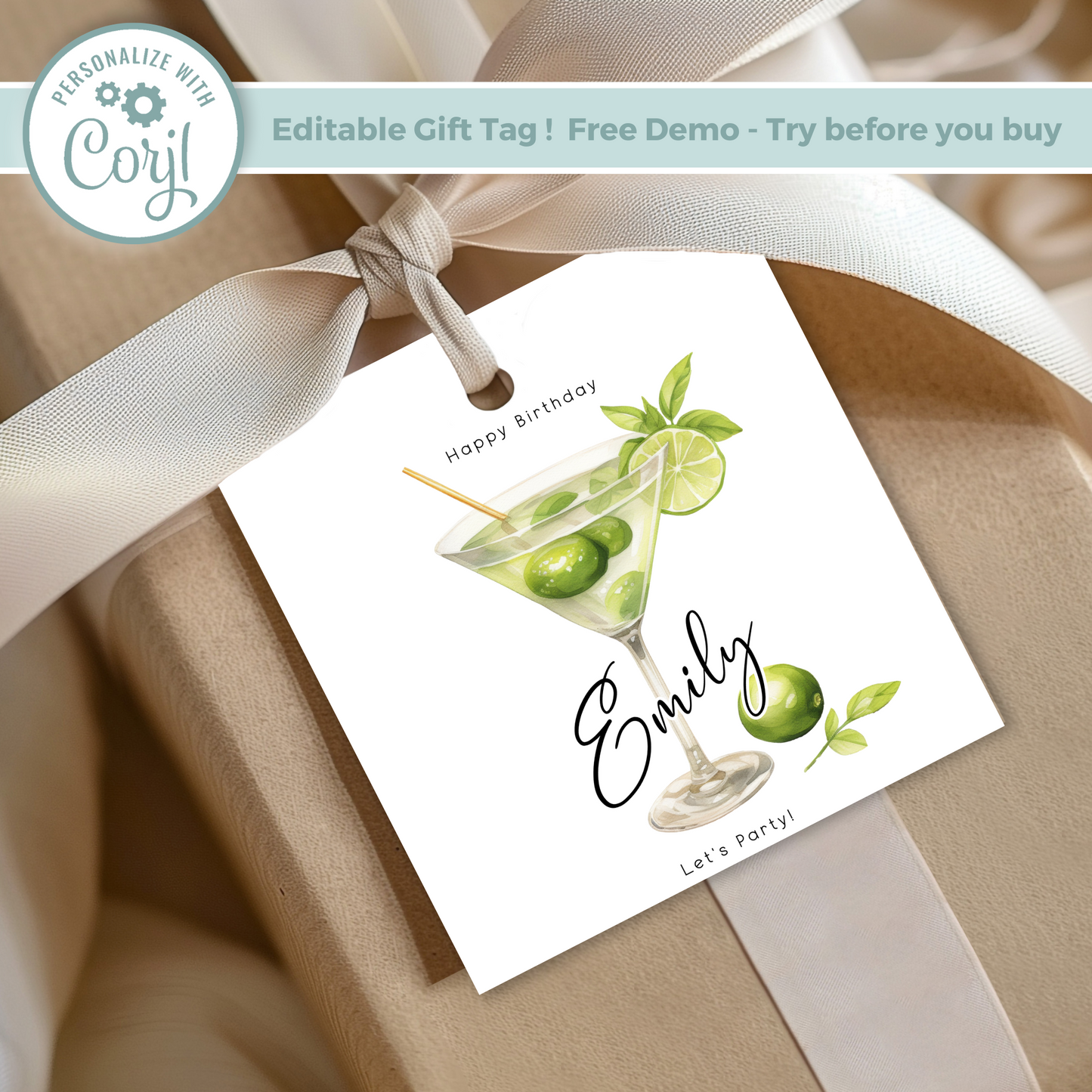 Editable Cocktail Party Birthday Gift Tag