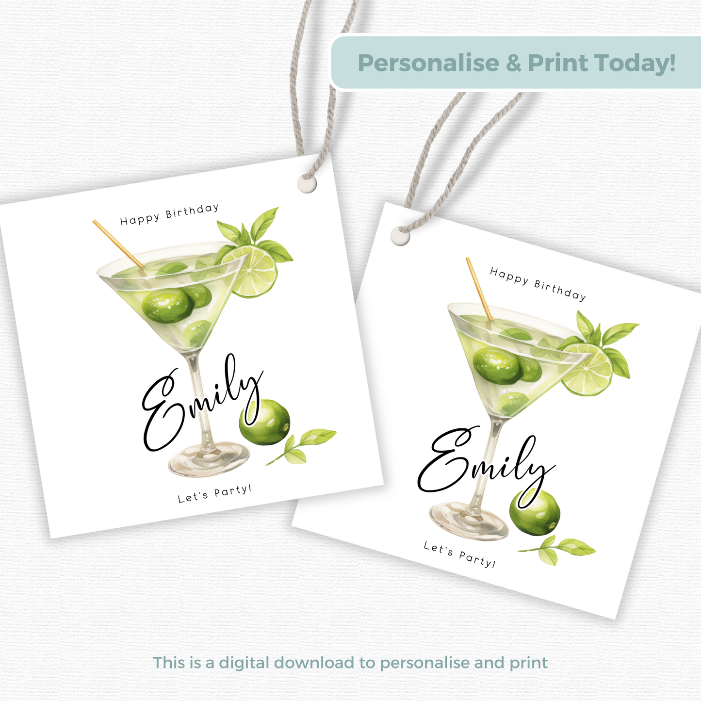 Editable Cocktail Party Birthday Gift Tag