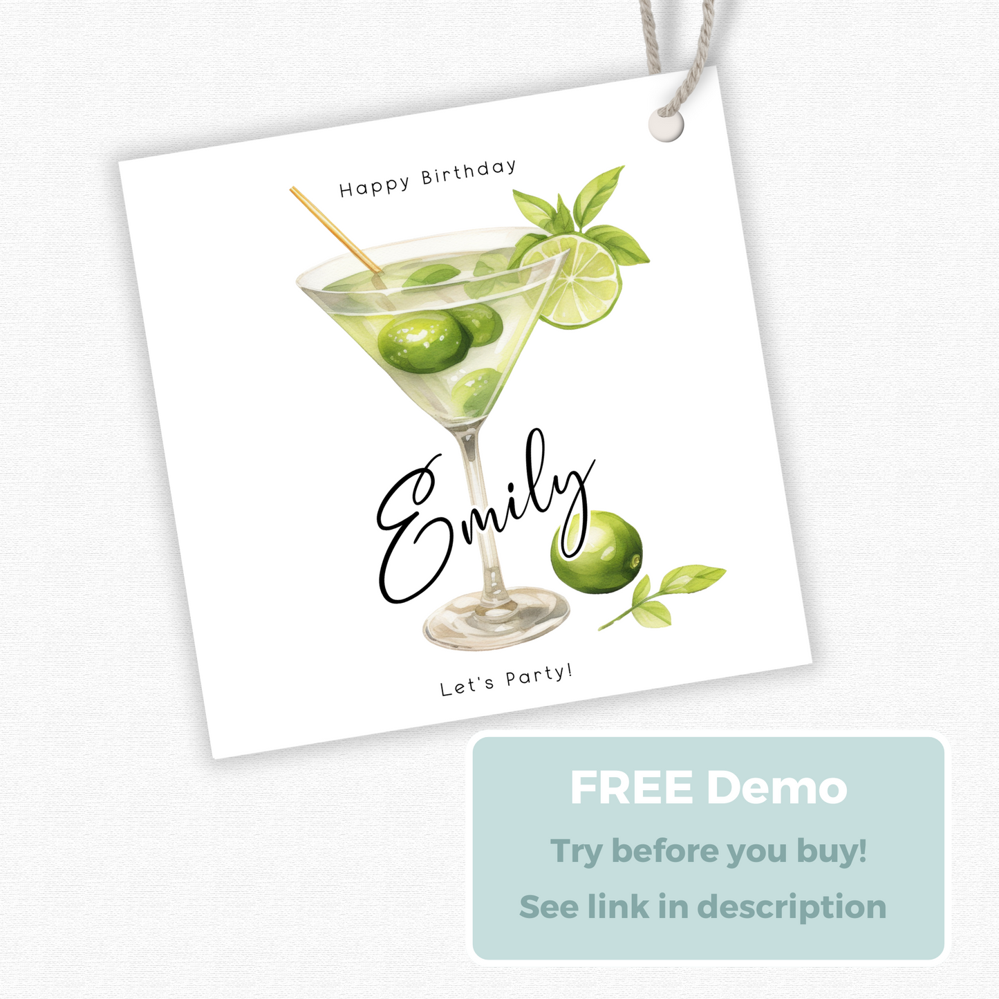 Editable Cocktail Party Birthday Gift Tag