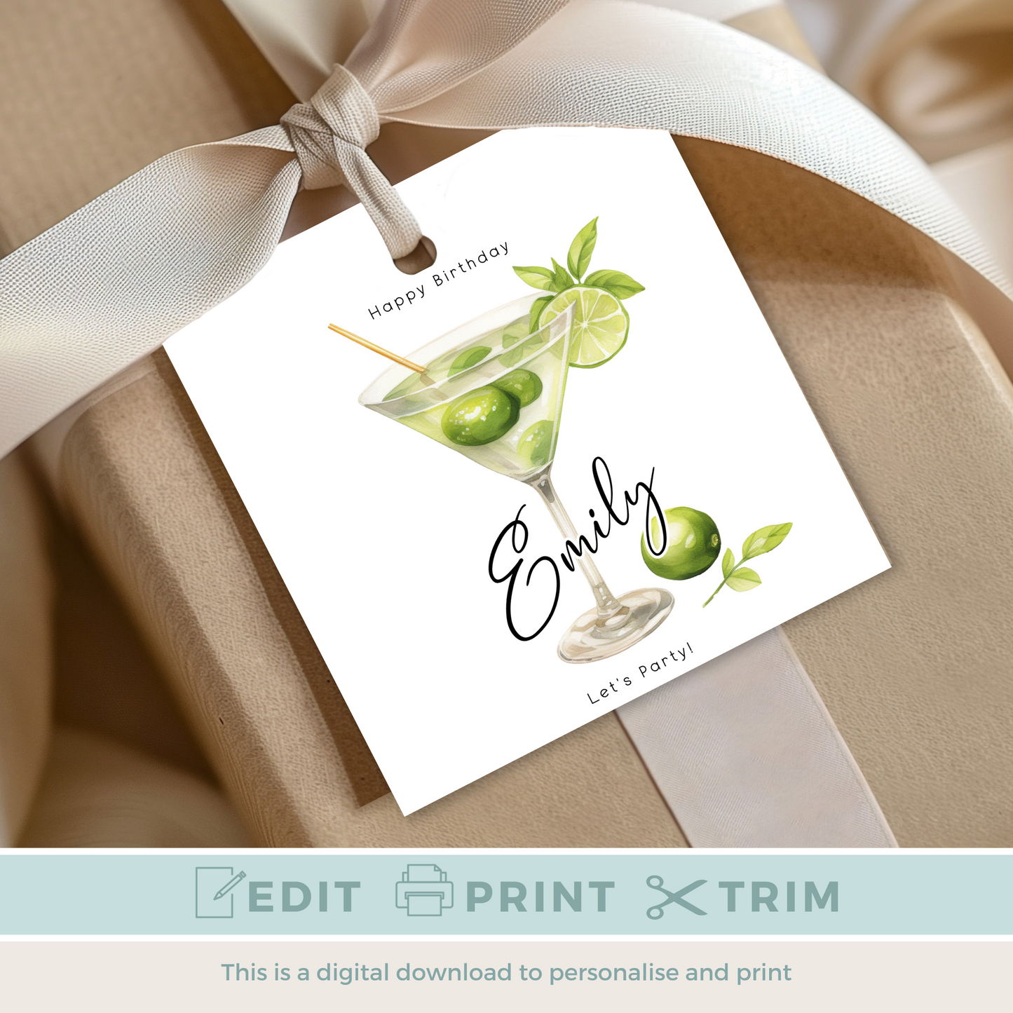 Editable Cocktail Party Birthday Gift Tag