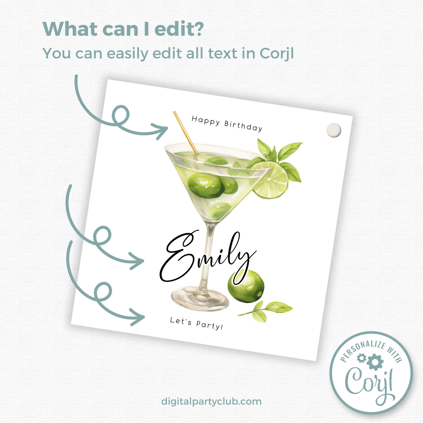 Editable Cocktail Party Birthday Gift Tag