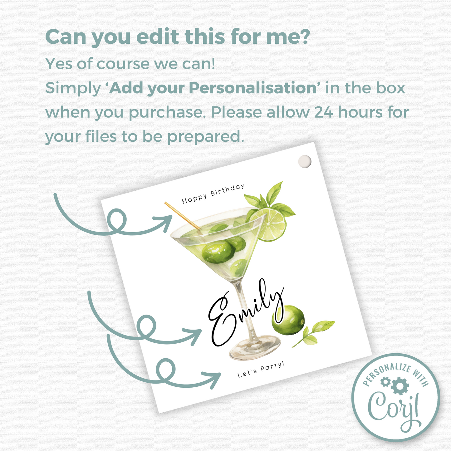 Editable Cocktail Party Birthday Gift Tag
