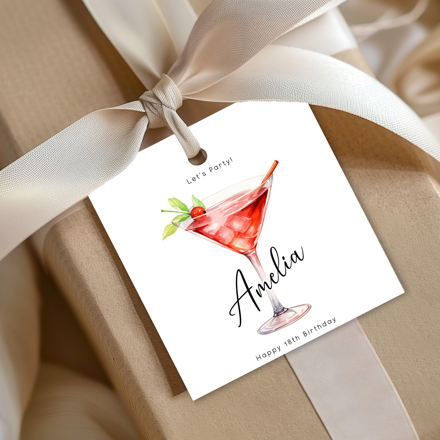 Editable 18th Cocktail Party Birthday Gift Tag