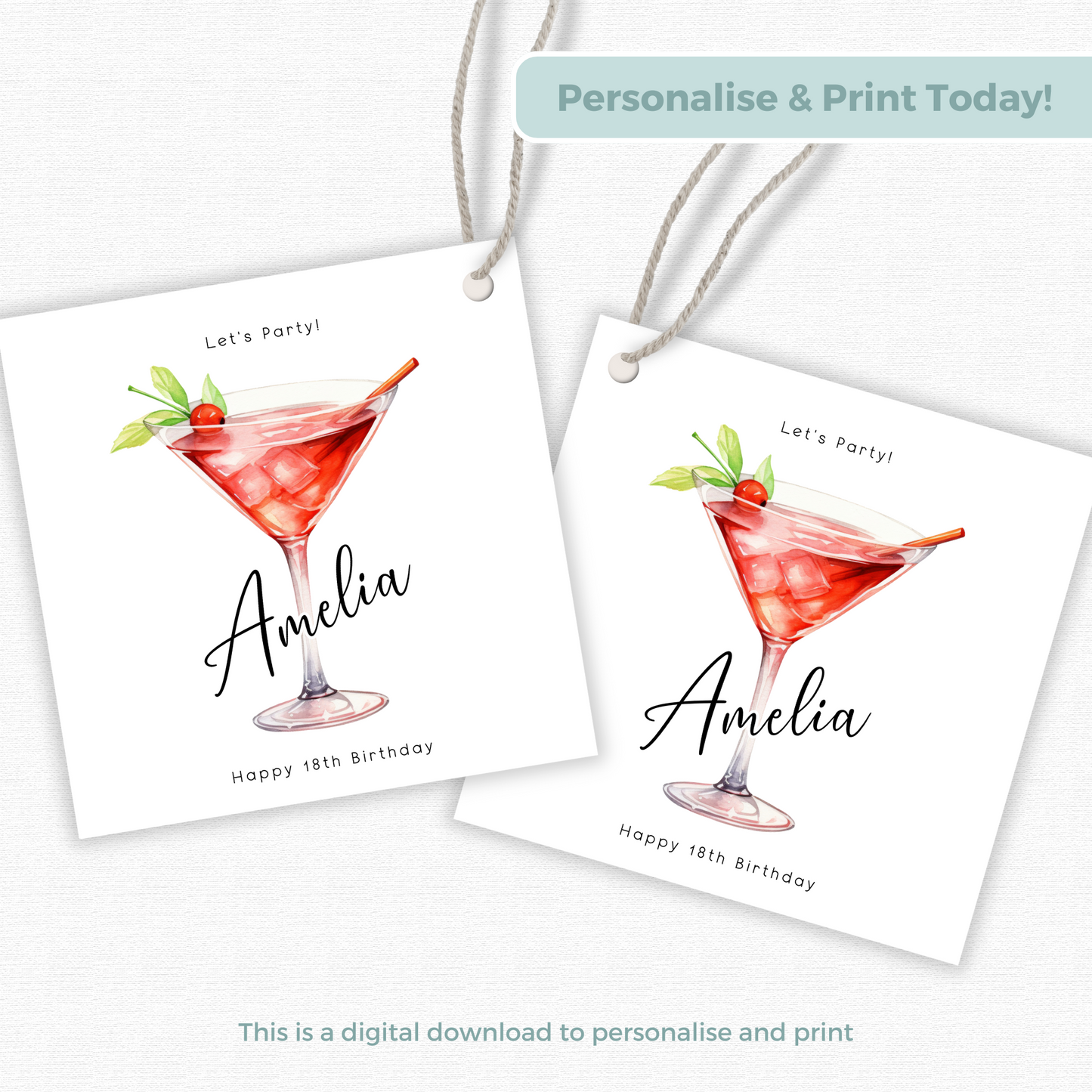 Editable 18th Cocktail Party Birthday Gift Tag