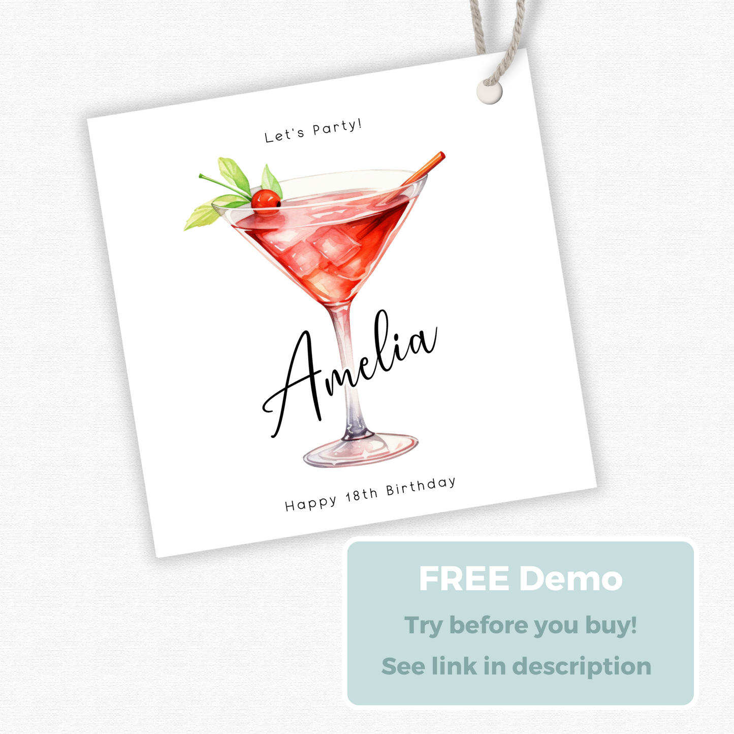 Editable 18th Cocktail Party Birthday Gift Tag
