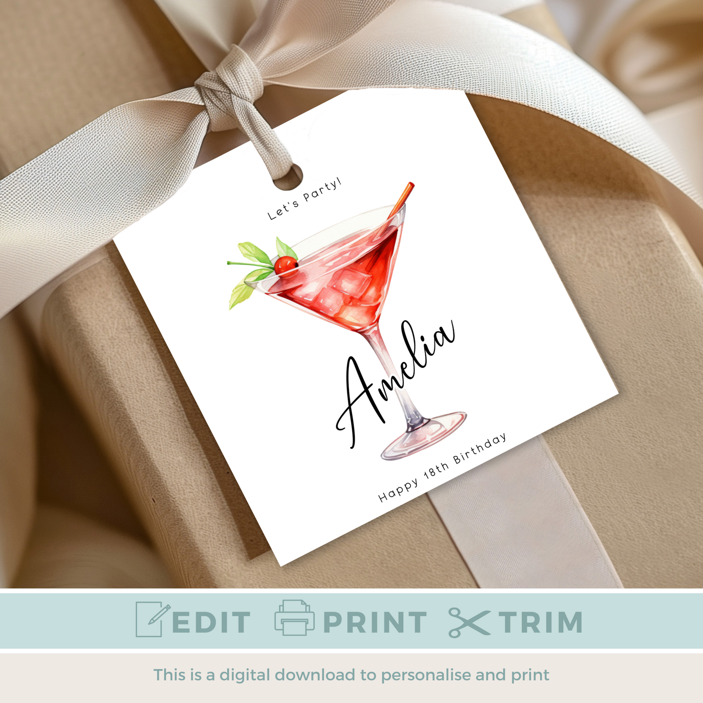 Editable 18th Cocktail Party Birthday Gift Tag