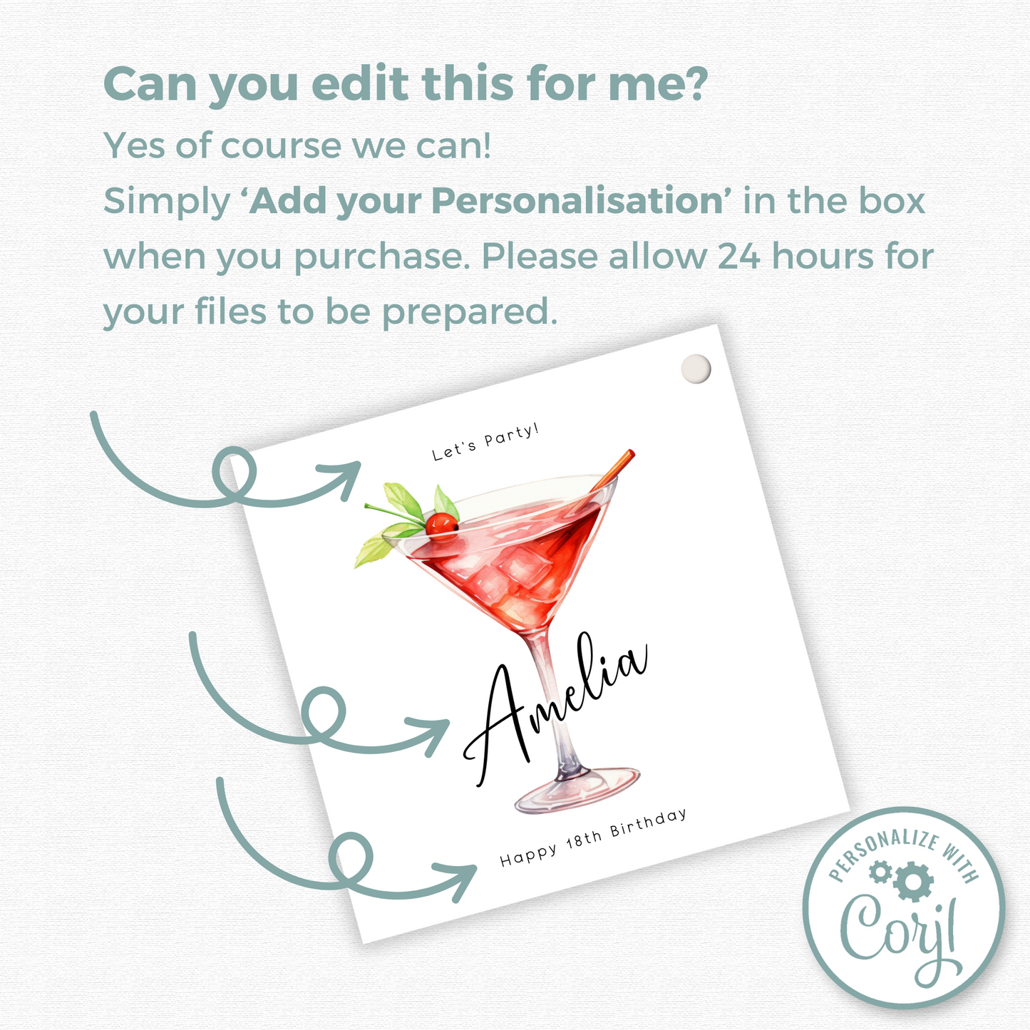 Editable 18th Cocktail Party Birthday Gift Tag