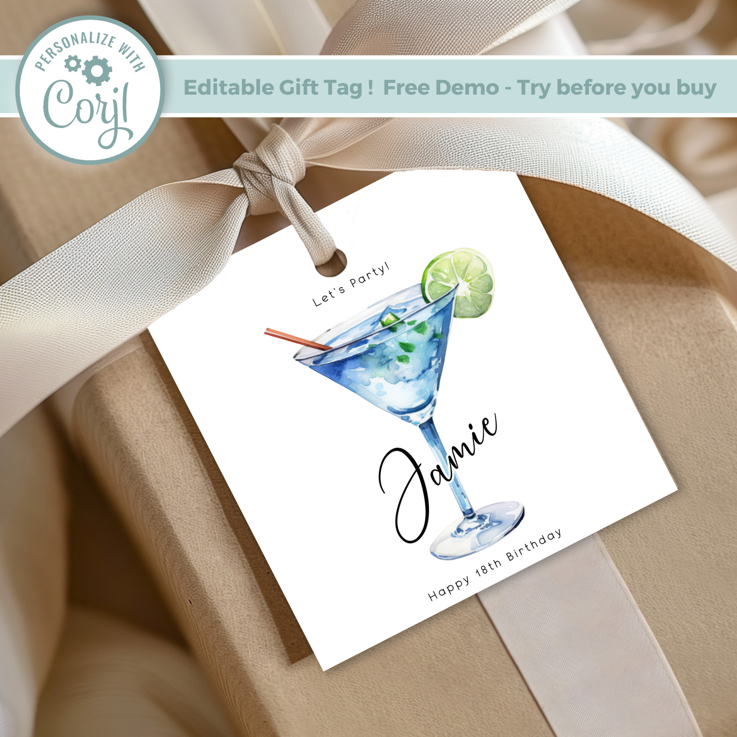 Editable 18th Cocktail Party Birthday Gift Tag