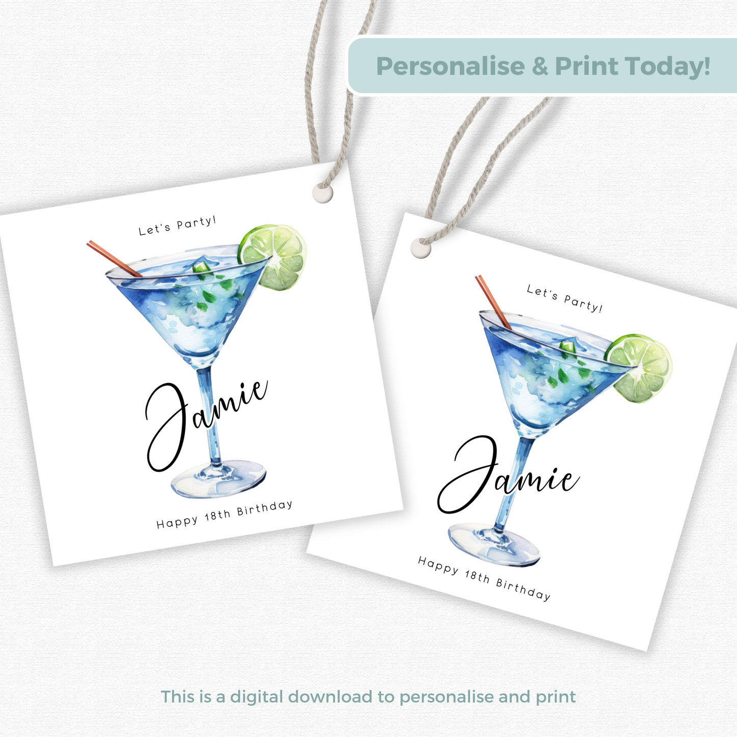 Editable 18th Cocktail Party Birthday Gift Tag