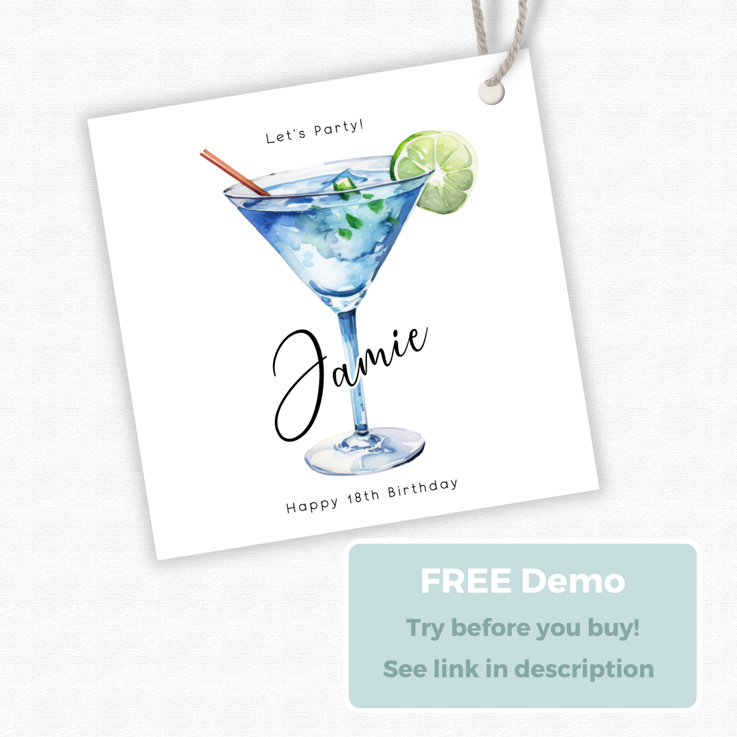 Editable 18th Cocktail Party Birthday Gift Tag