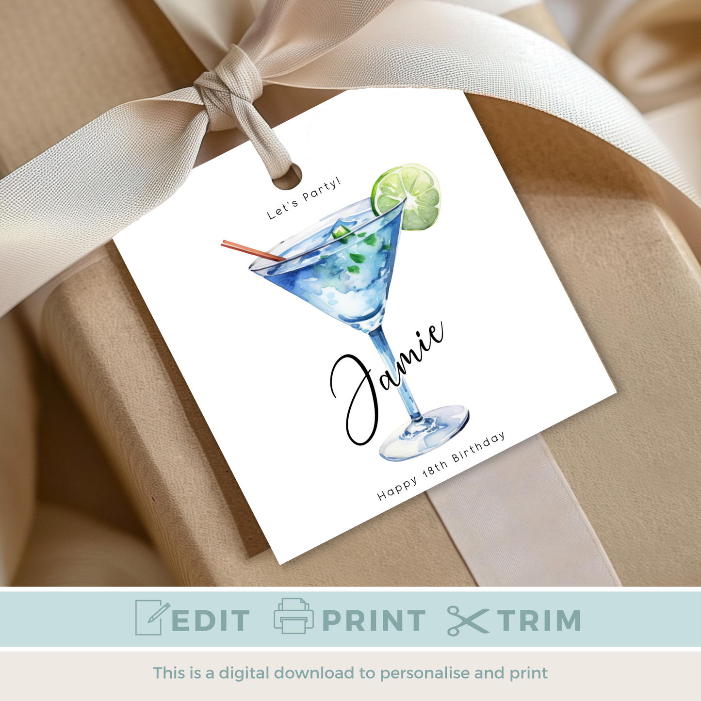 Editable 18th Cocktail Party Birthday Gift Tag