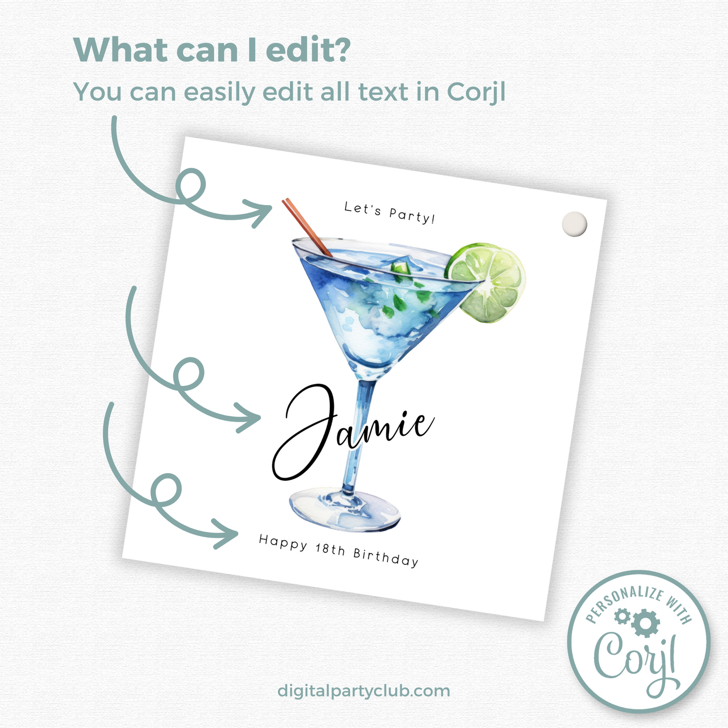Editable 18th Cocktail Party Birthday Gift Tag