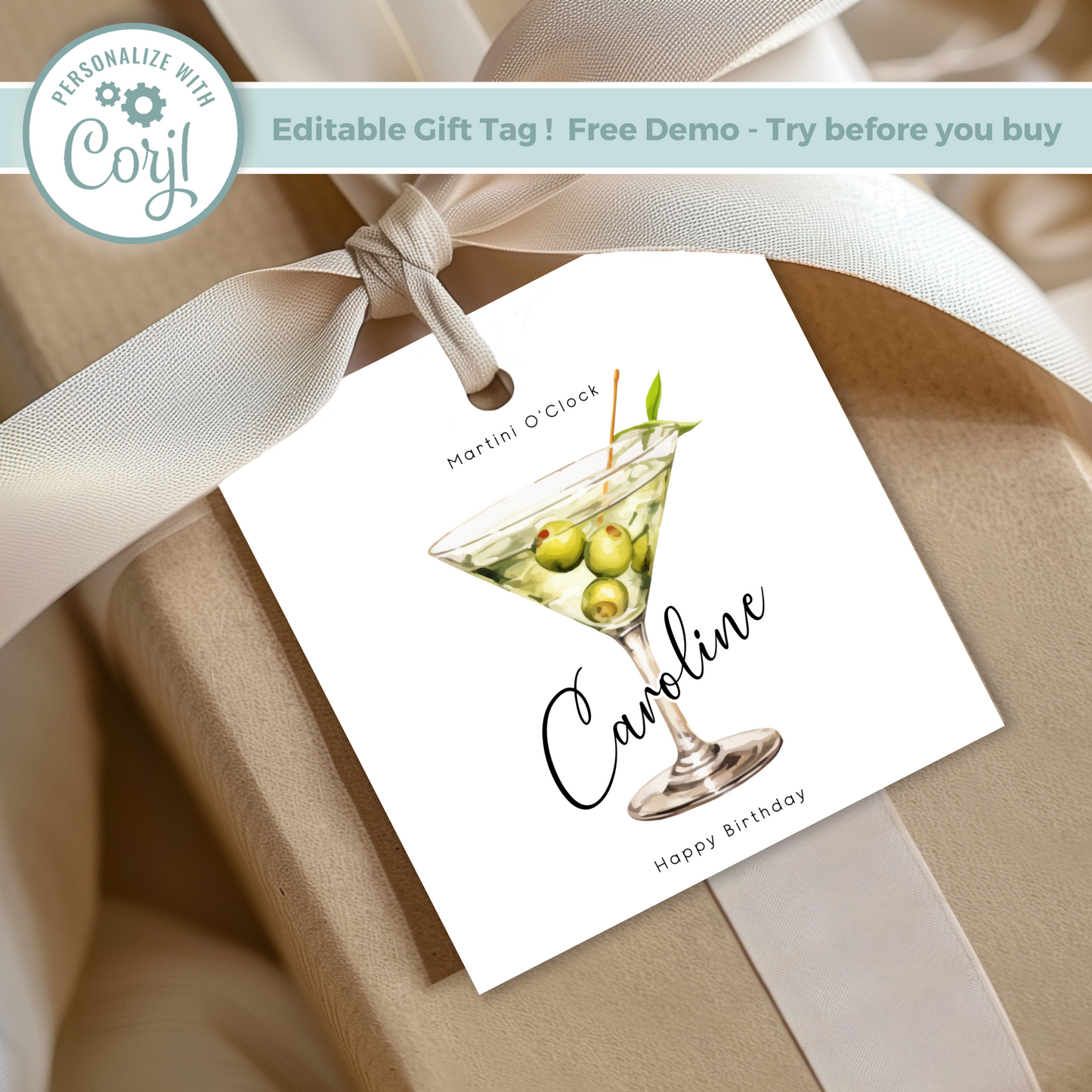 Editable Martini O'Clock Birthday Gift Tag