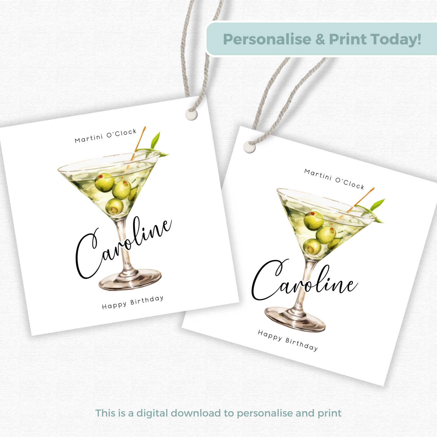 Editable Martini O'Clock Birthday Gift Tag