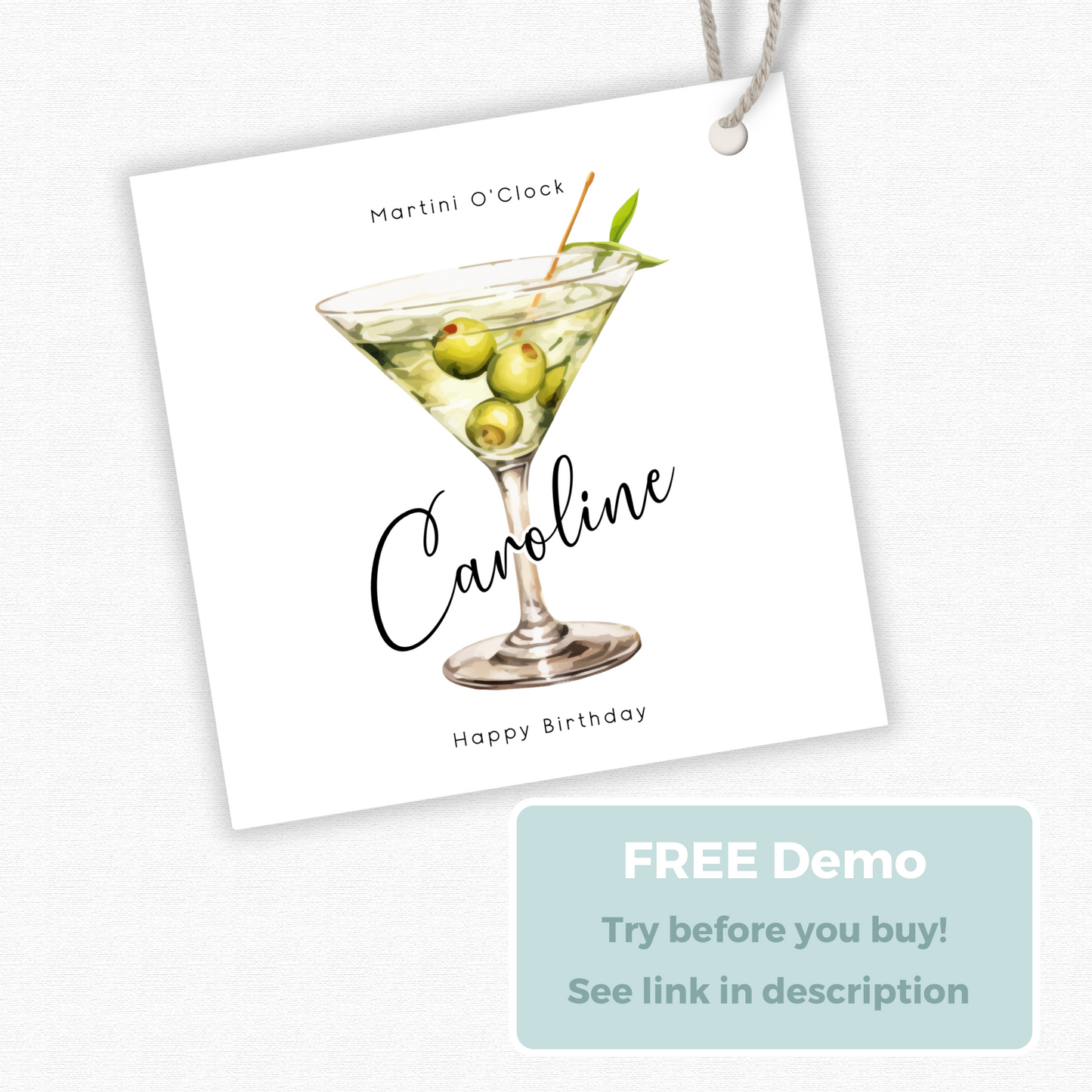 Editable Martini O'Clock Birthday Gift Tag