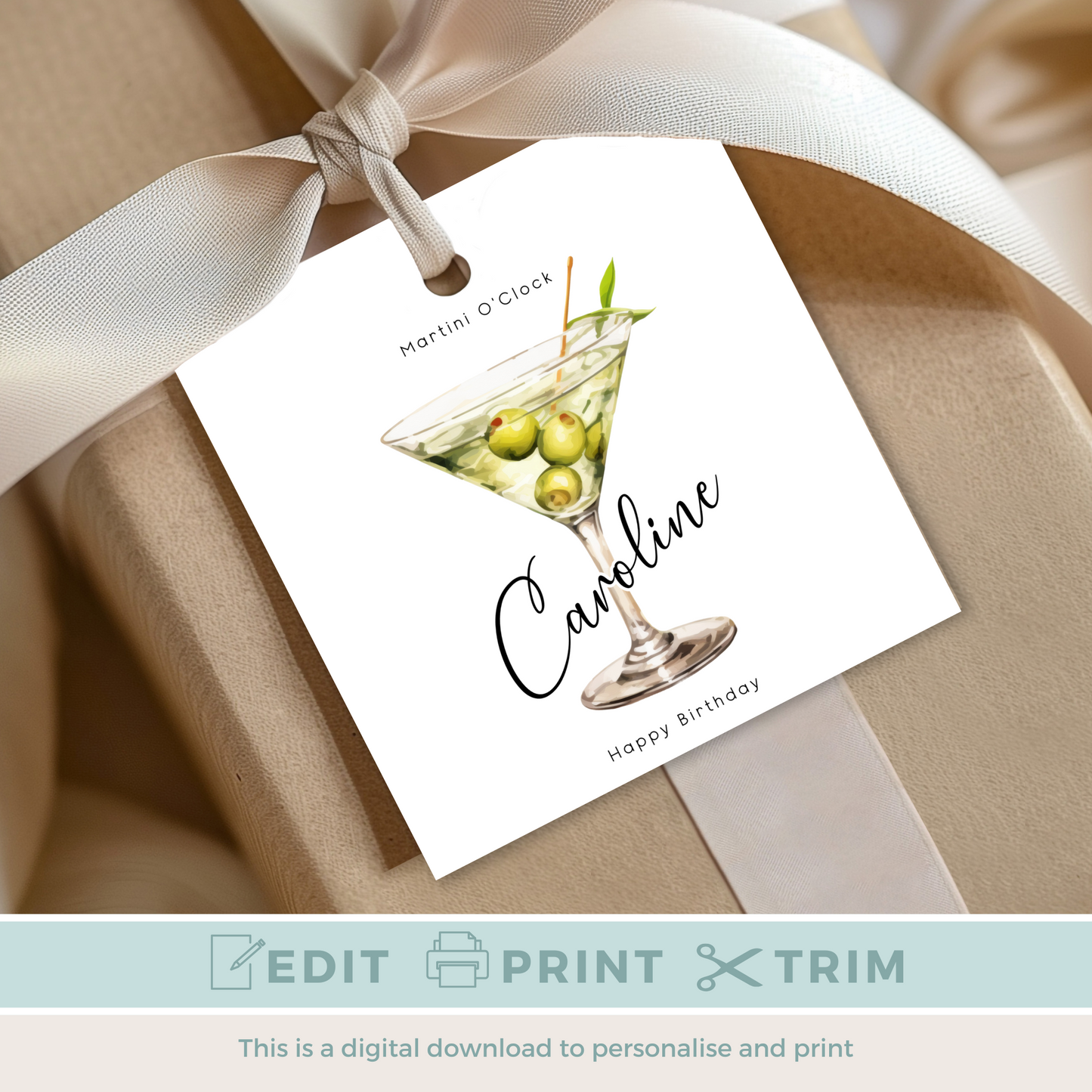 Editable Martini O'Clock Birthday Gift Tag