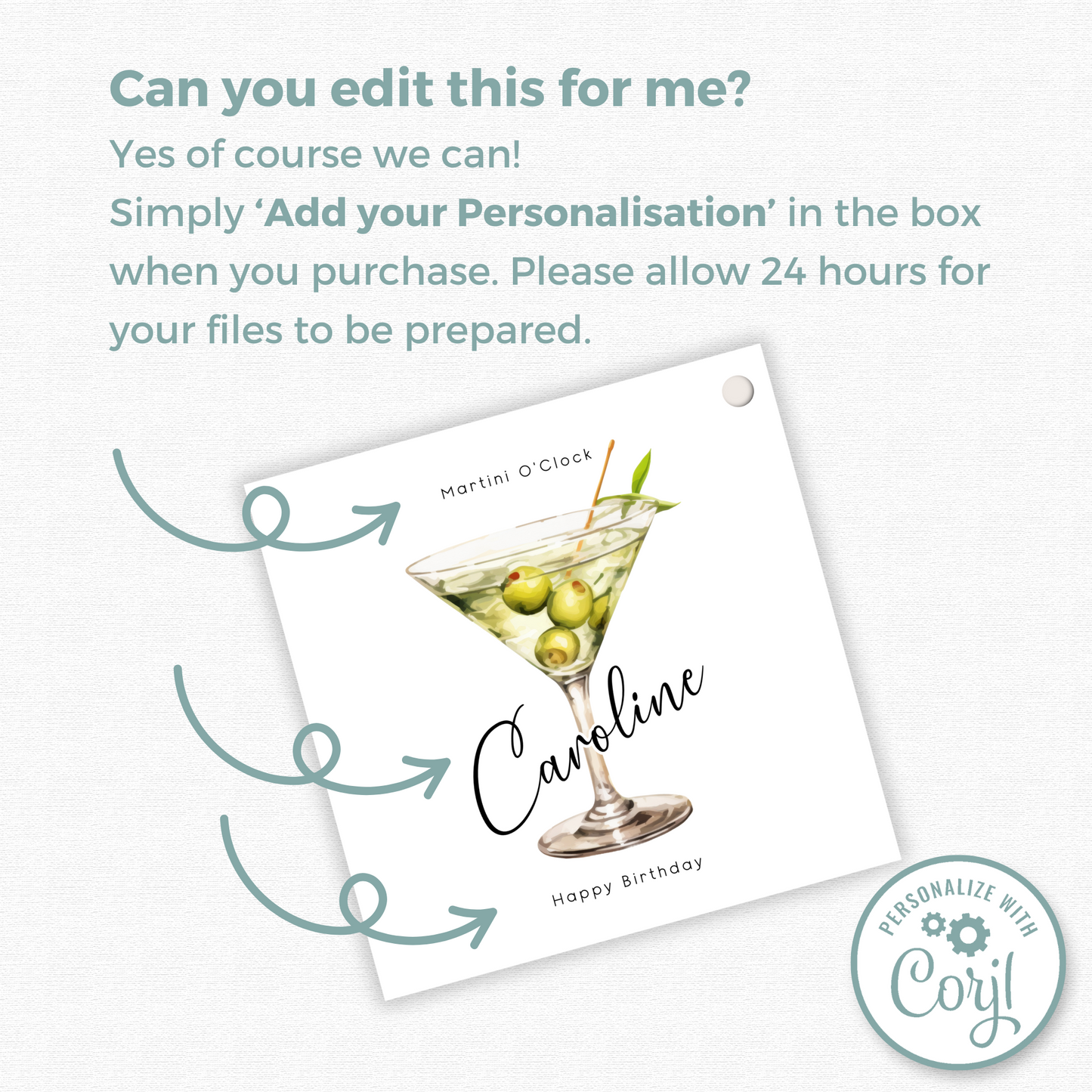 Editable Martini O'Clock Birthday Gift Tag