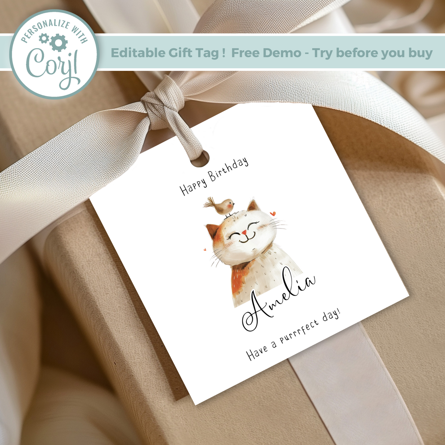 Editable Cat Birthday Gift Tag
