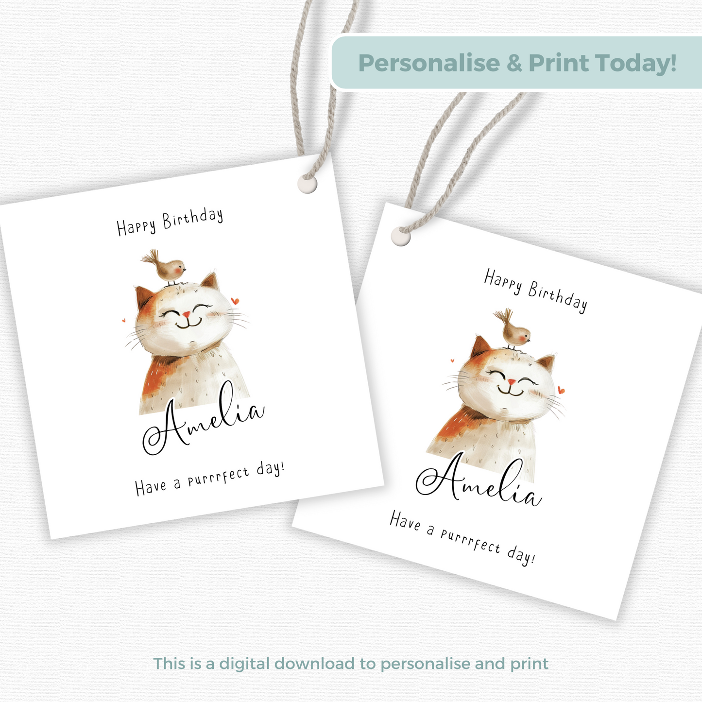 Editable Cat Birthday Gift Tag