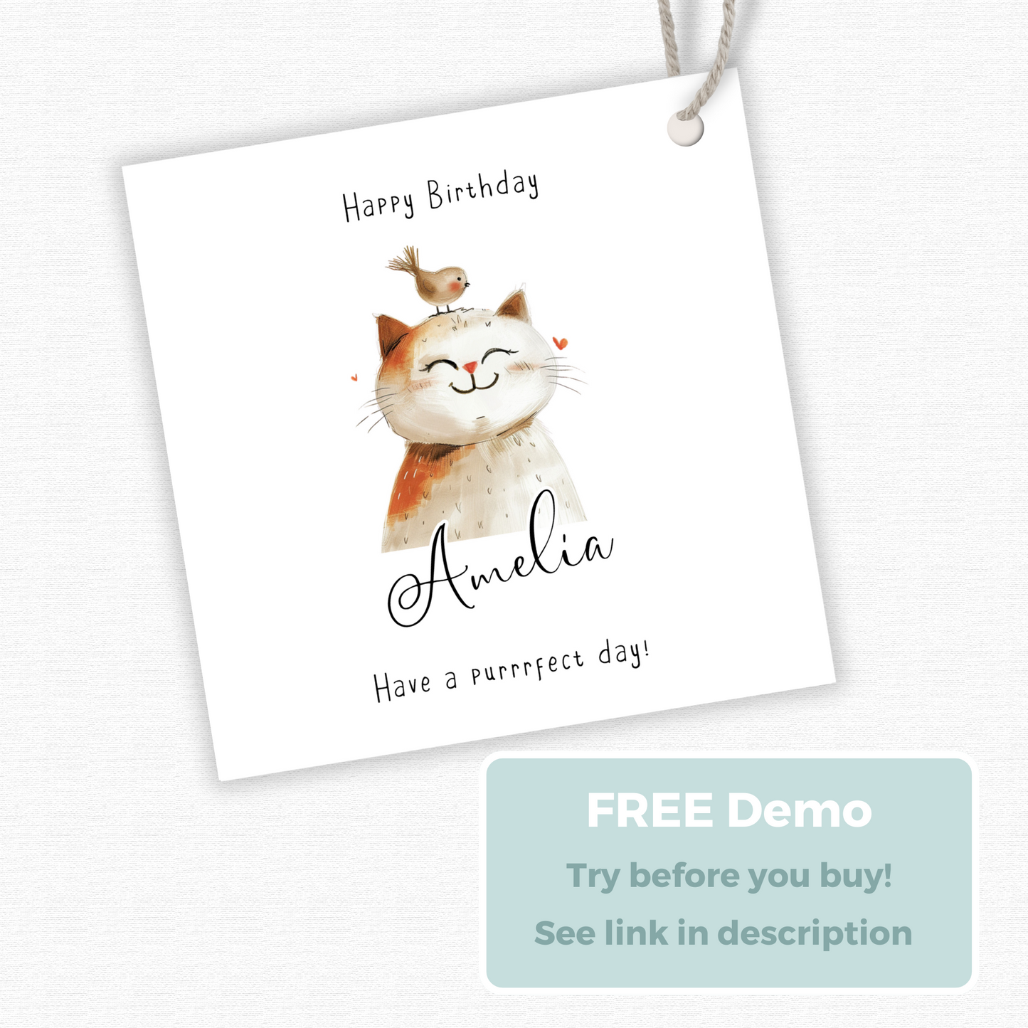Editable Cat Birthday Gift Tag