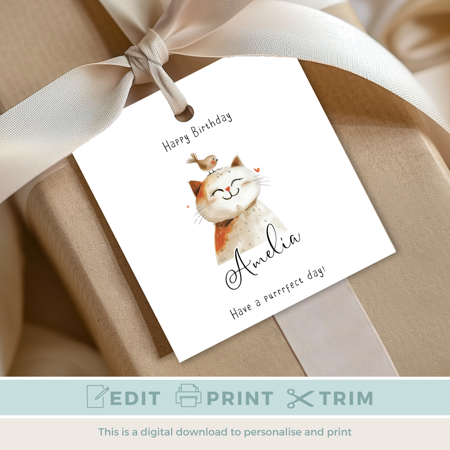 Editable Cat Birthday Gift Tag