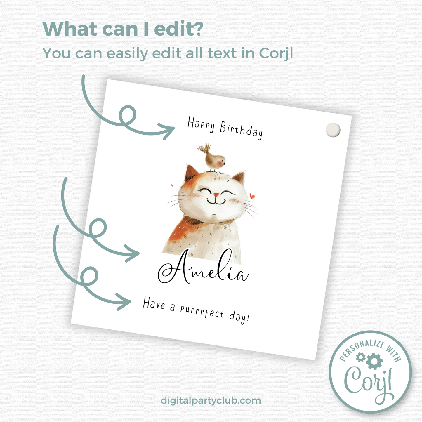 Editable Cat Birthday Gift Tag