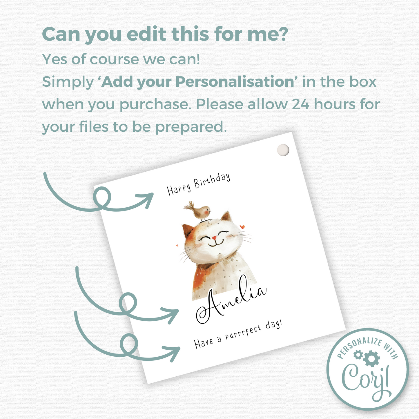 Editable Cat Birthday Gift Tag