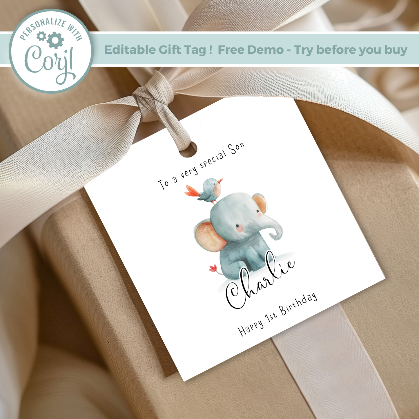 Editable Baby Elephant Birthday Gift Tag