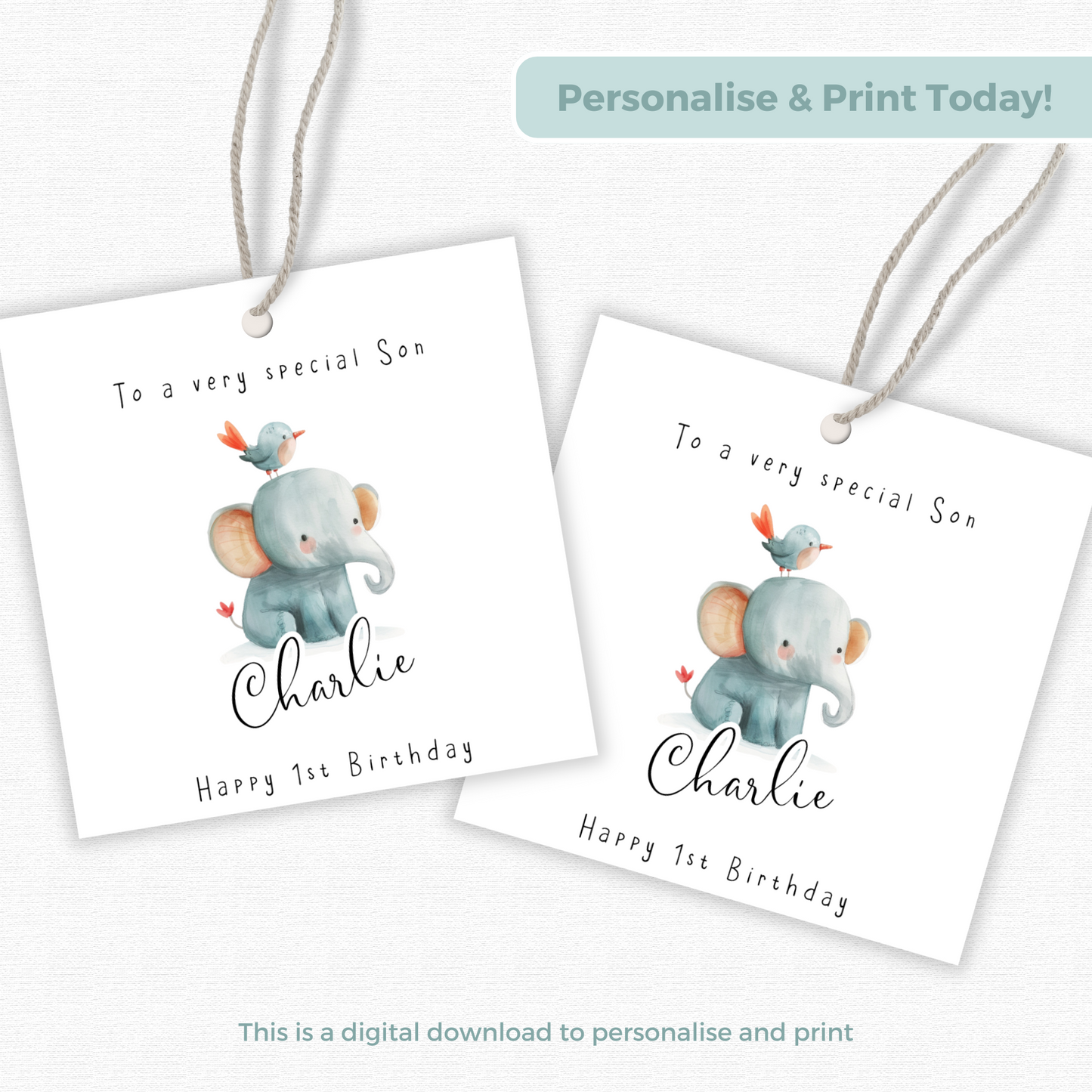 Editable Baby Elephant Birthday Gift Tag