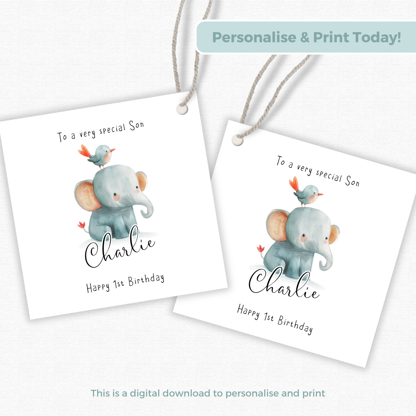 Editable Baby Elephant Birthday Gift Tag
