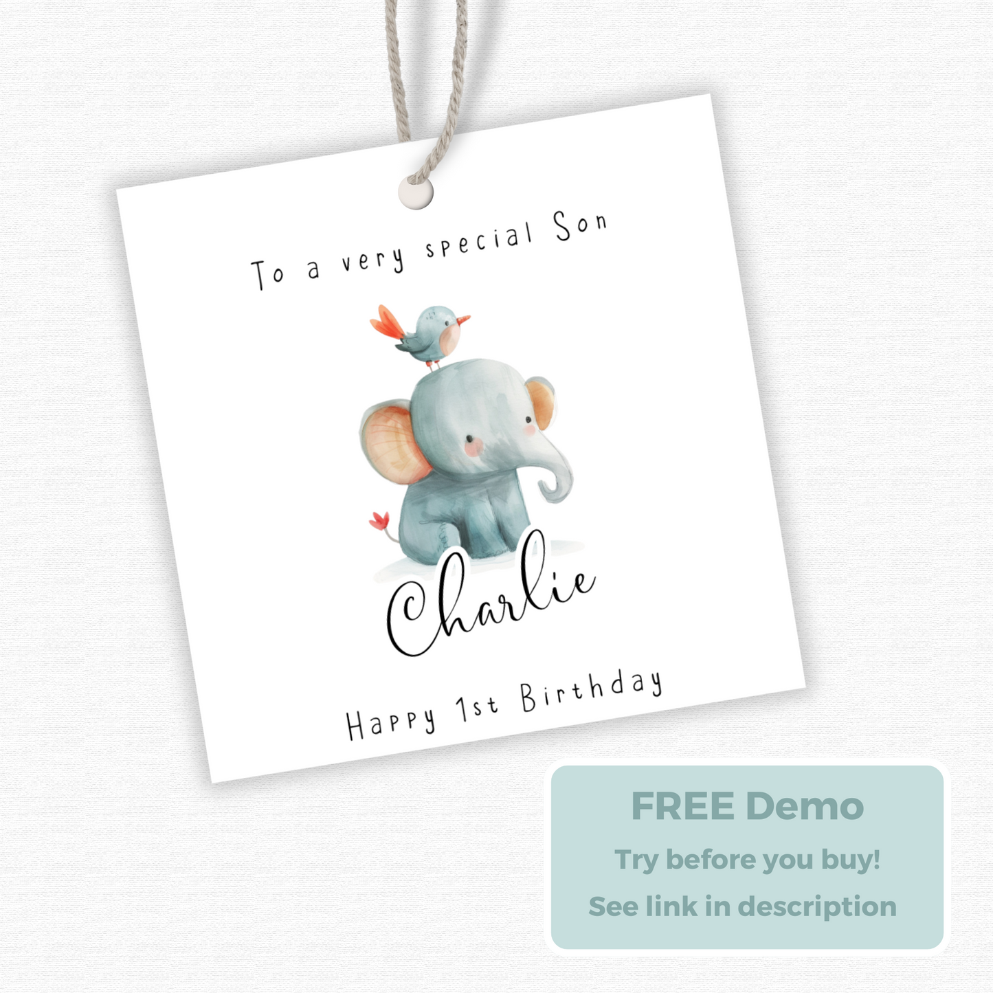 Editable Baby Elephant Birthday Gift Tag