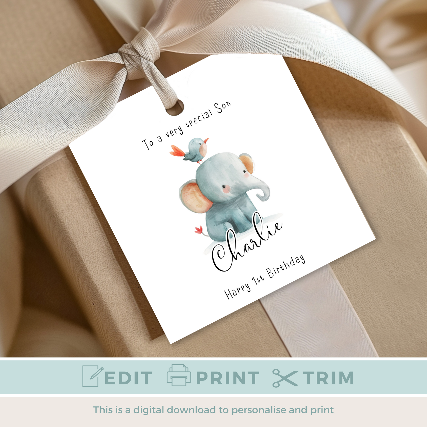 Editable Baby Elephant Birthday Gift Tag