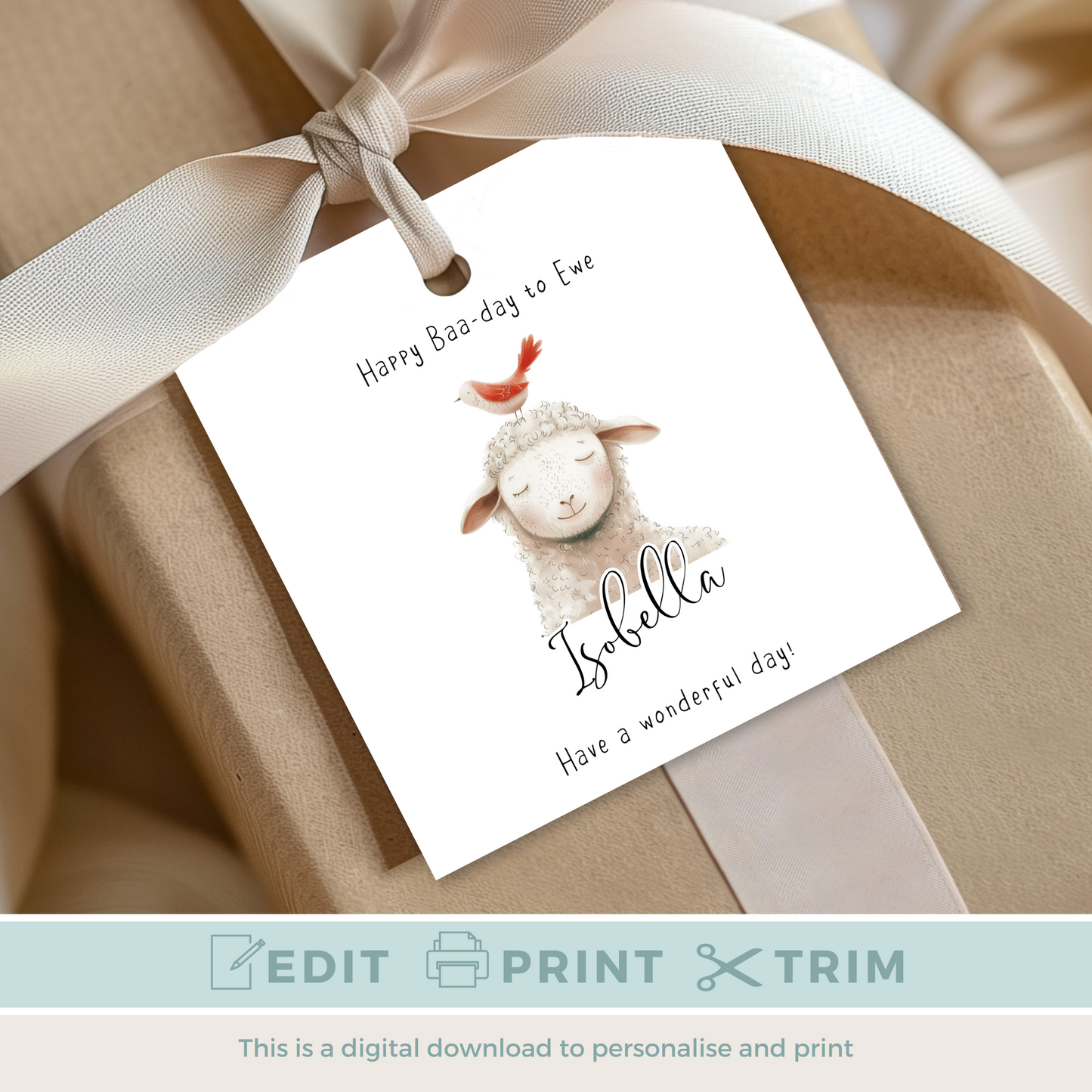 Editable Sheep Birthday Gift Tag