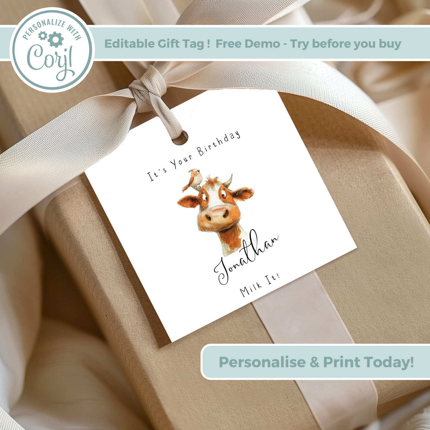 Editable Cow Birthday Gift Tag