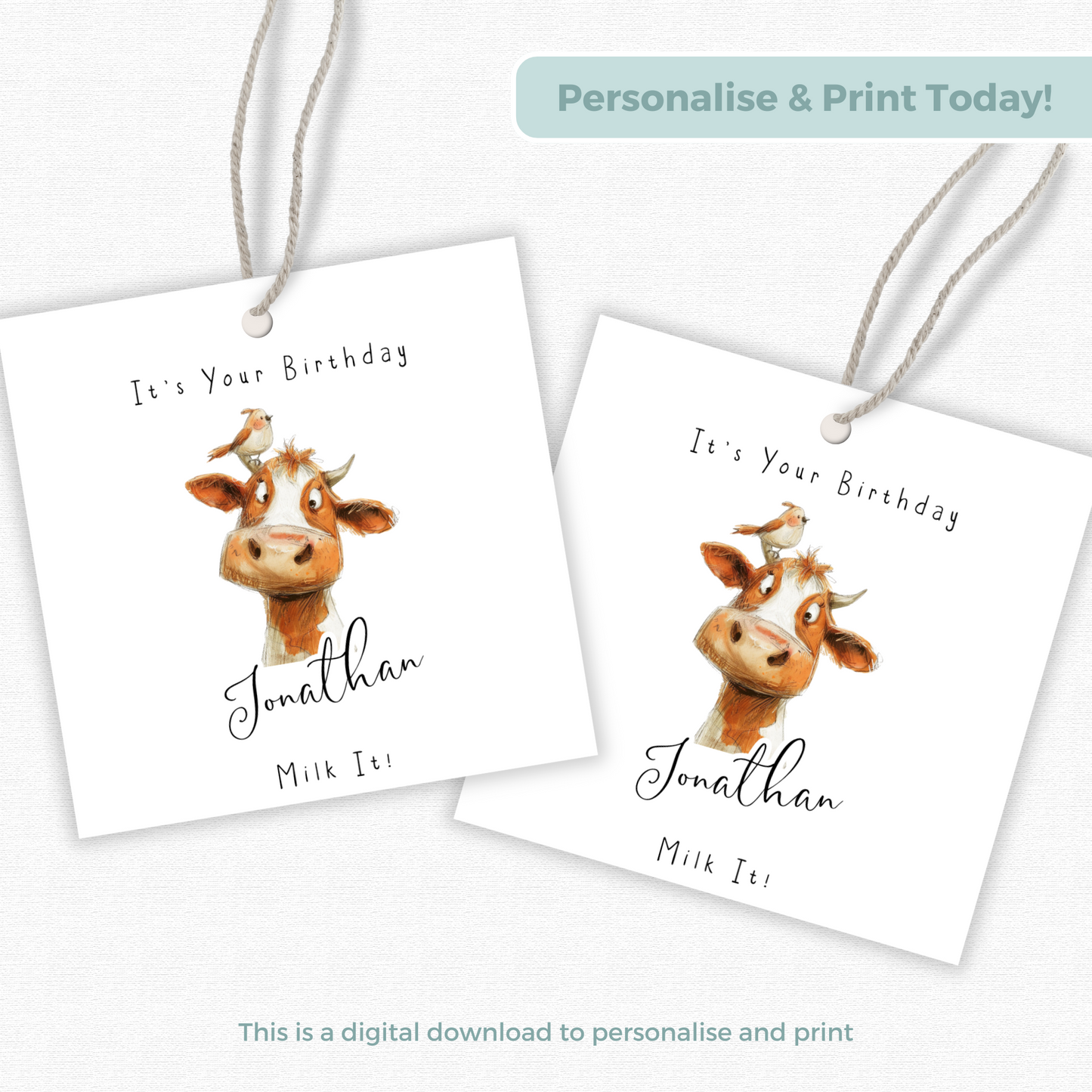 Editable Cow Birthday Gift Tag