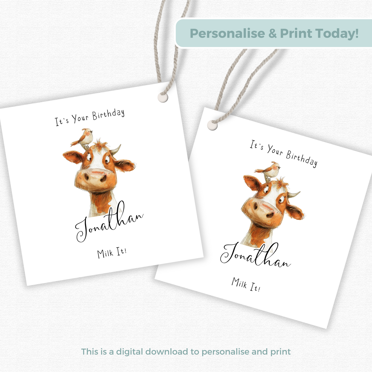 Editable Cow Birthday Gift Tag