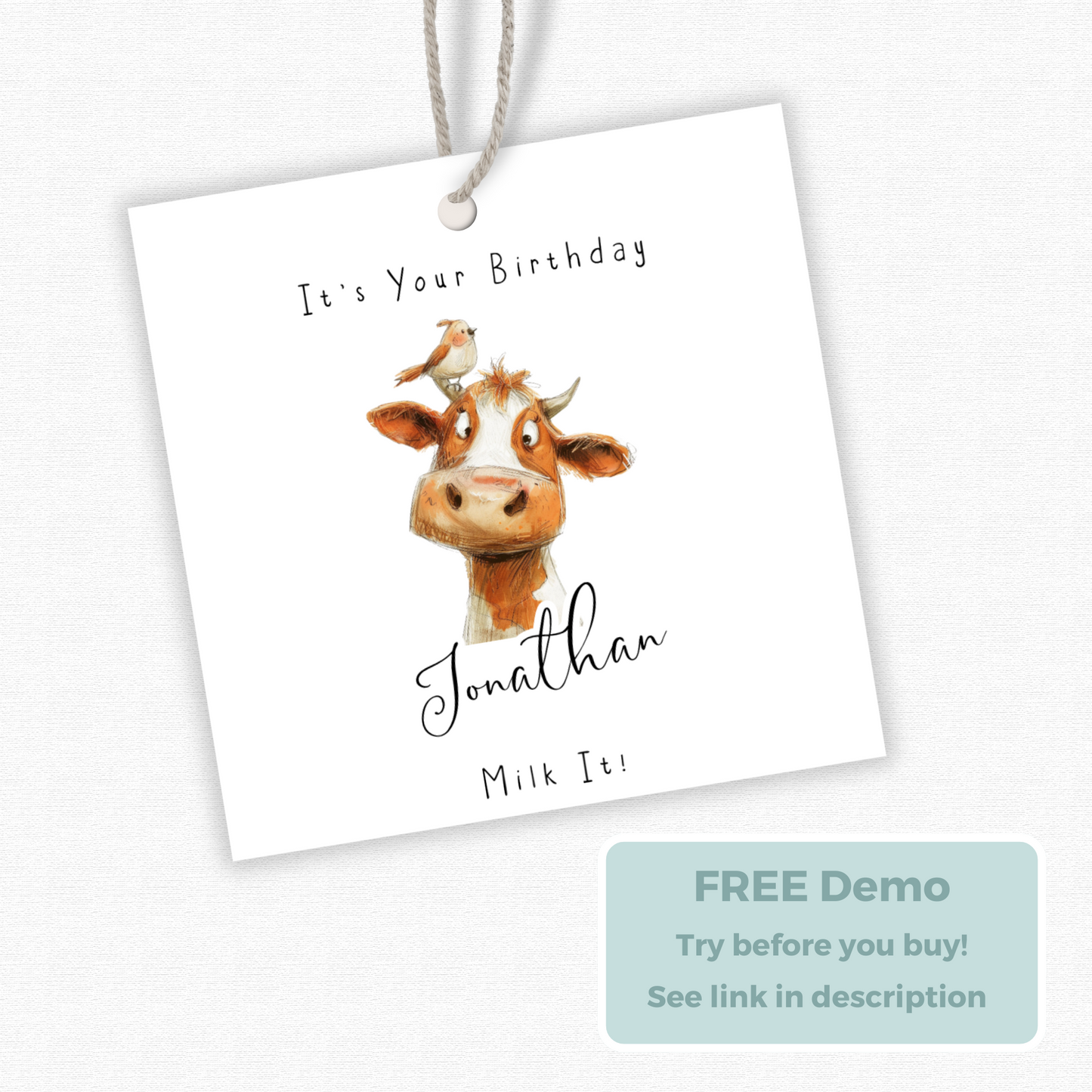 Editable Cow Birthday Gift Tag