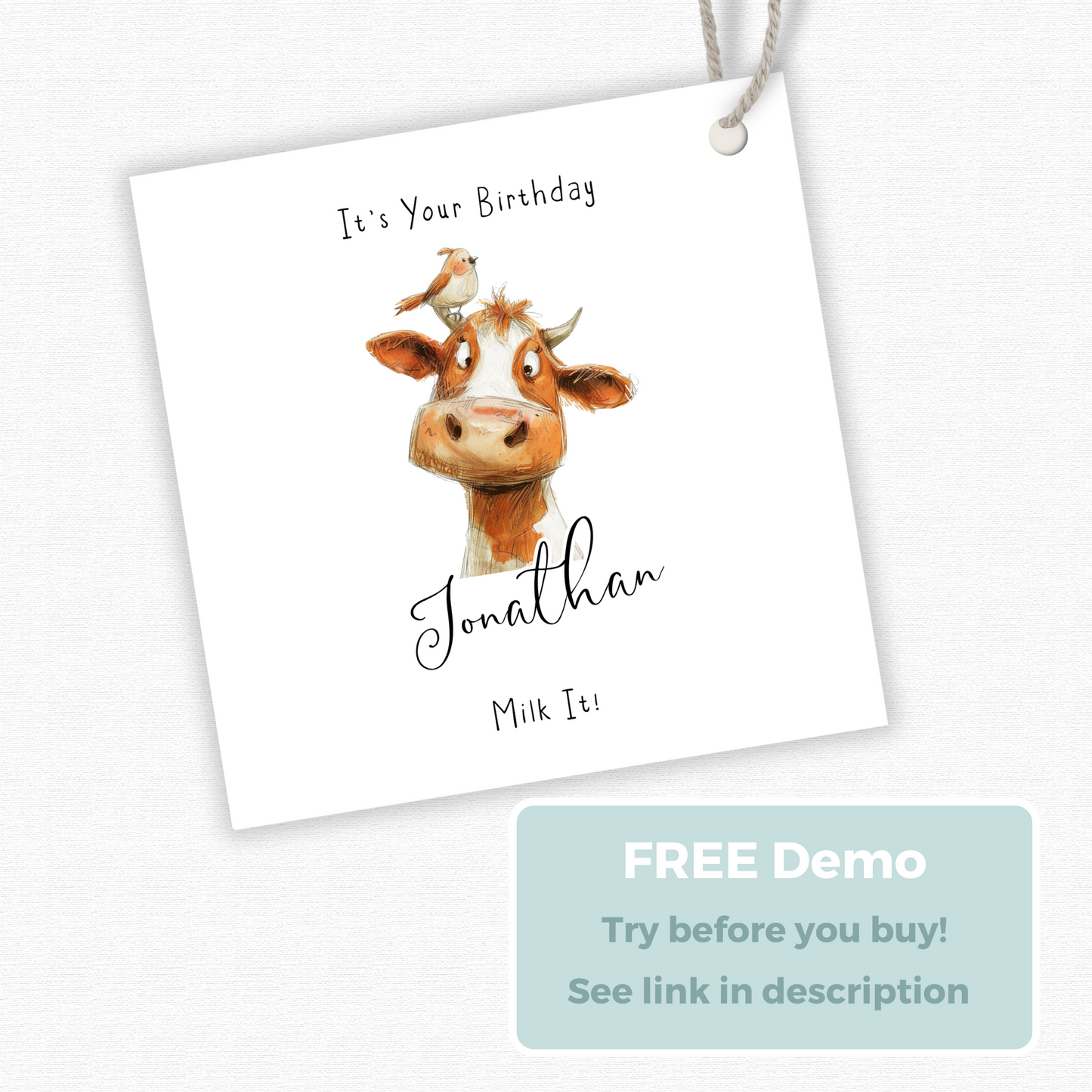 Editable Cow Birthday Gift Tag