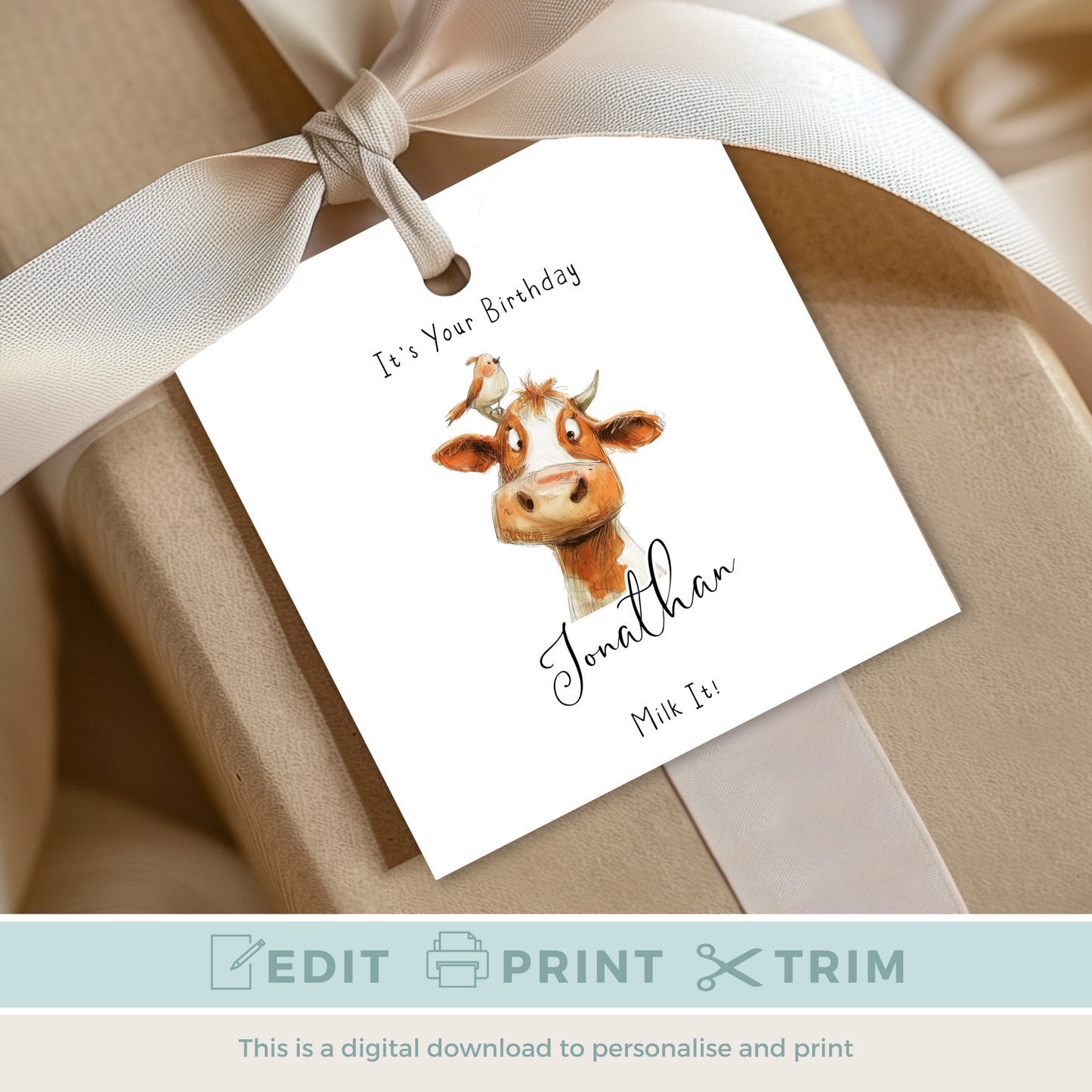 Editable Cow Birthday Gift Tag