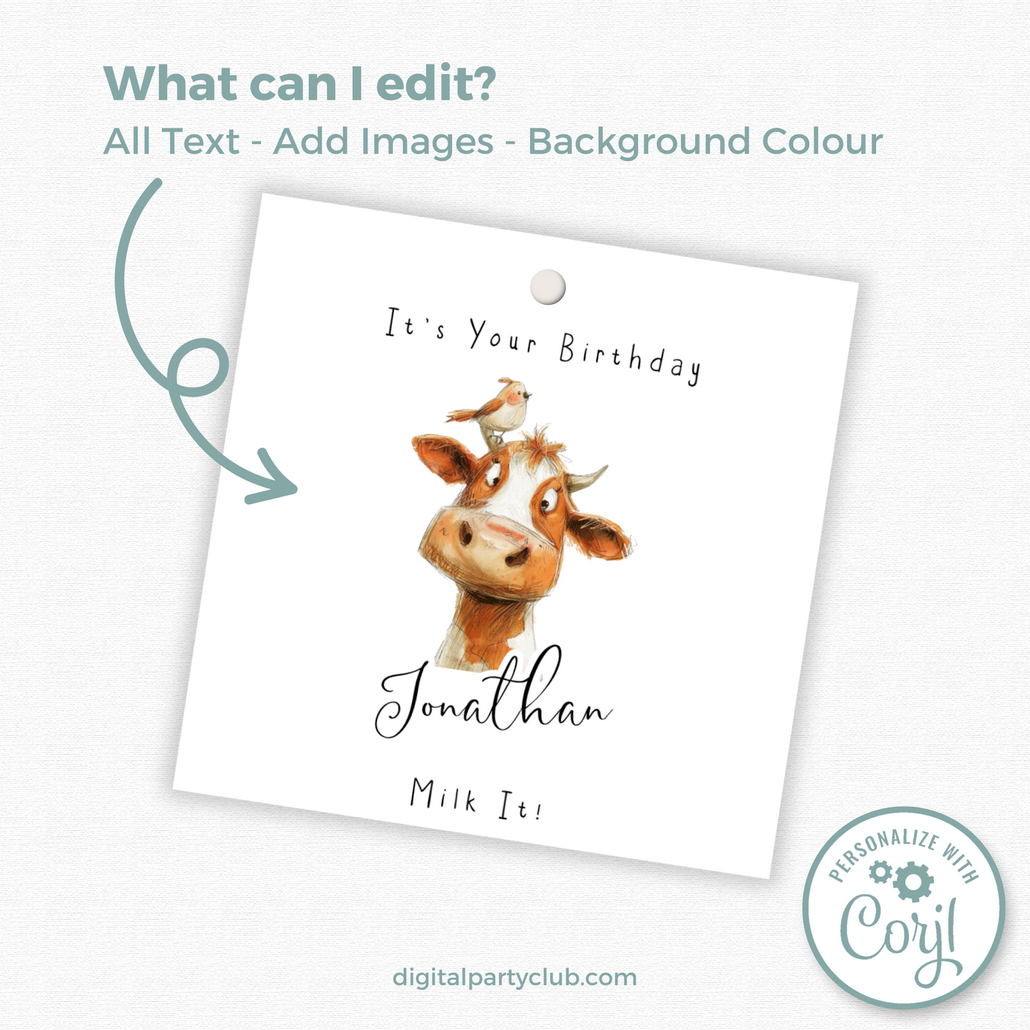 Editable Cow Birthday Gift Tag
