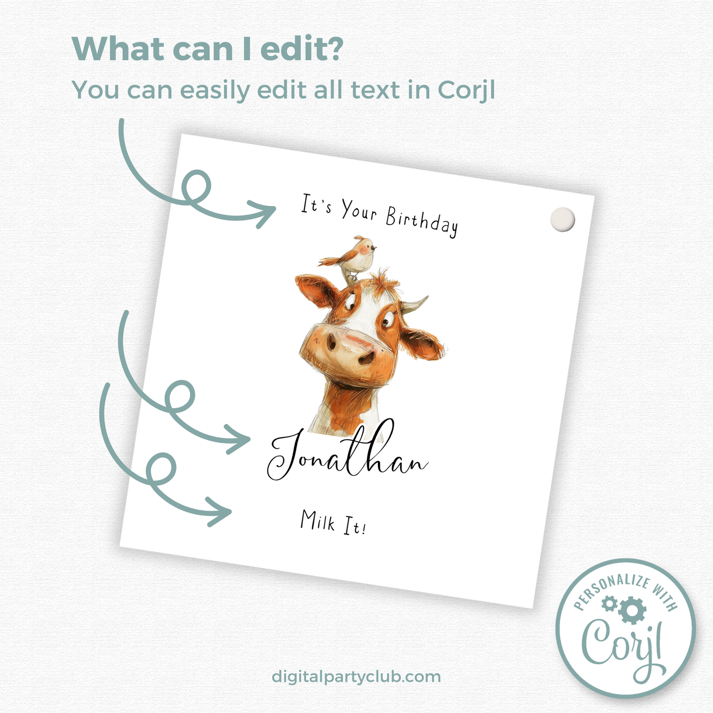 Editable Cow Birthday Gift Tag