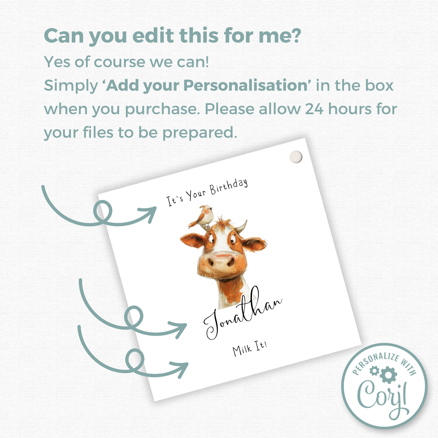 Editable Cow Birthday Gift Tag