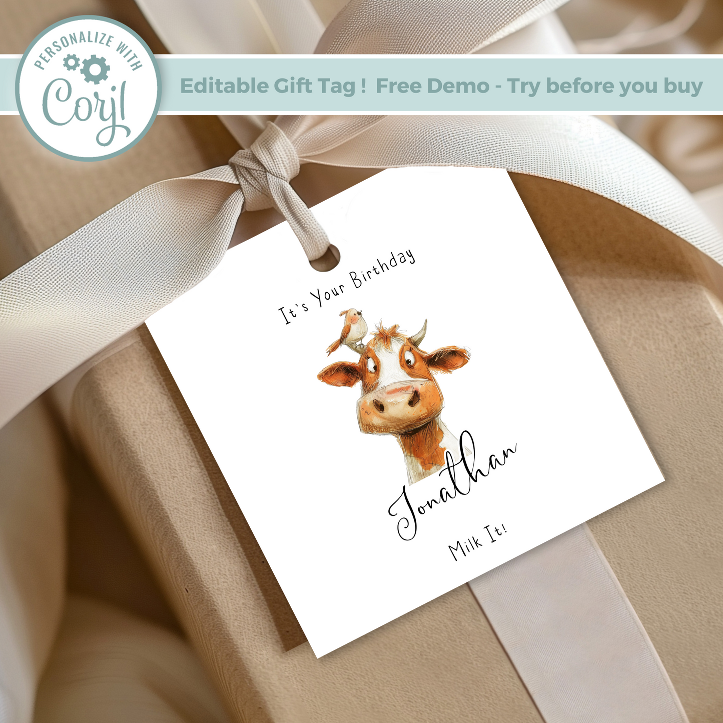 Editable Cow Birthday Gift Tag