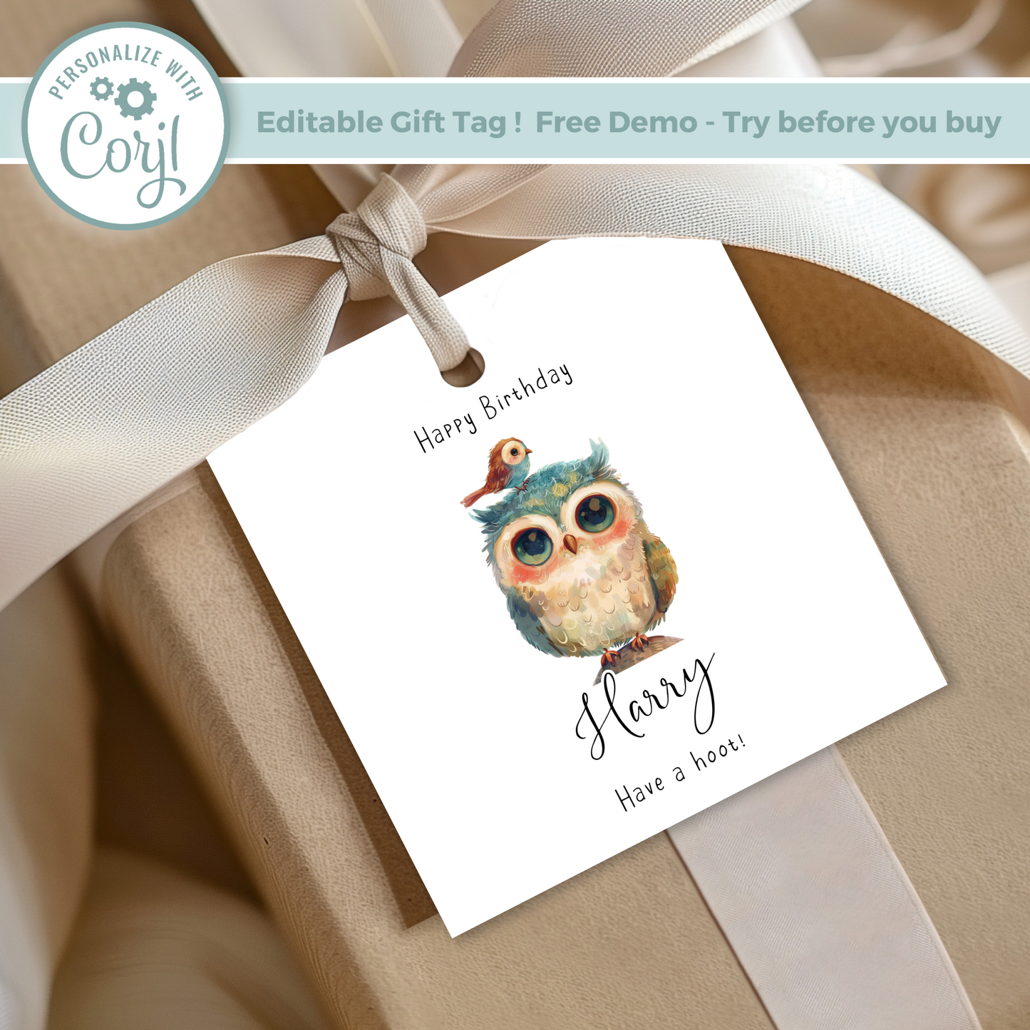 Editable Owl Birthday Gift Tag