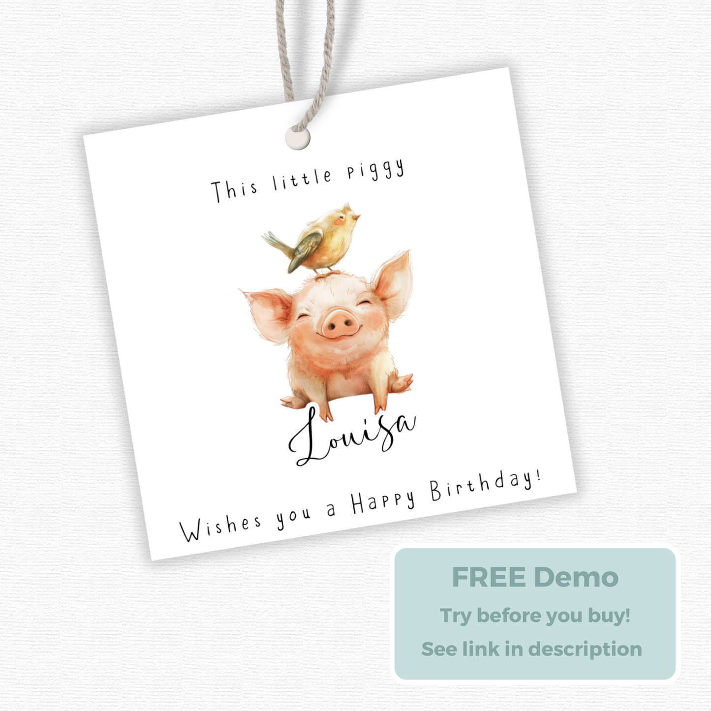 Editable Pig Birthday Gift Tag