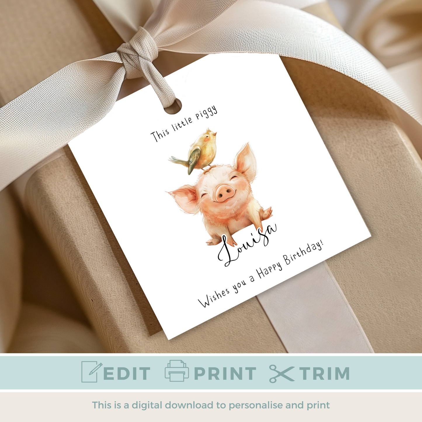 Editable Pig Birthday Gift Tag